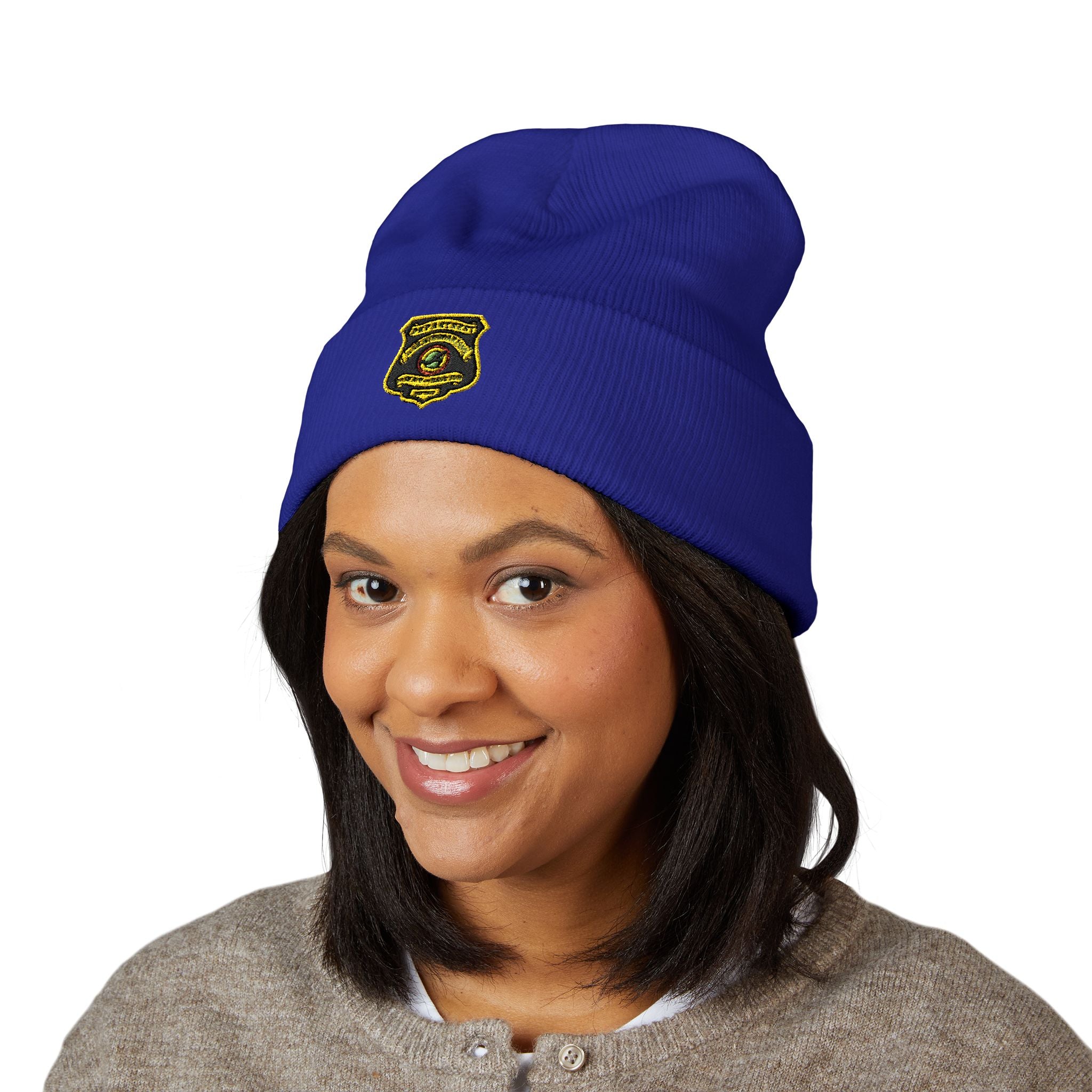 Embroidered Gold Badge Cuffed Beanie — Classic Winter Knit Hat