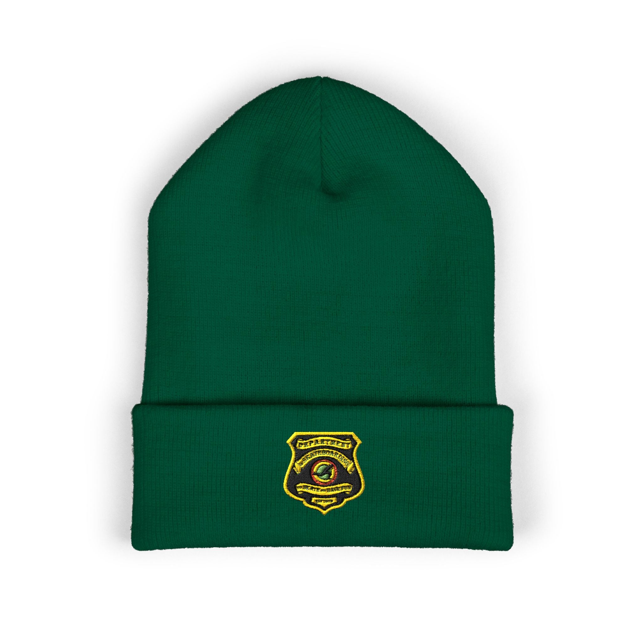 Embroidered Gold Badge Cuffed Beanie — Classic Winter Knit Hat