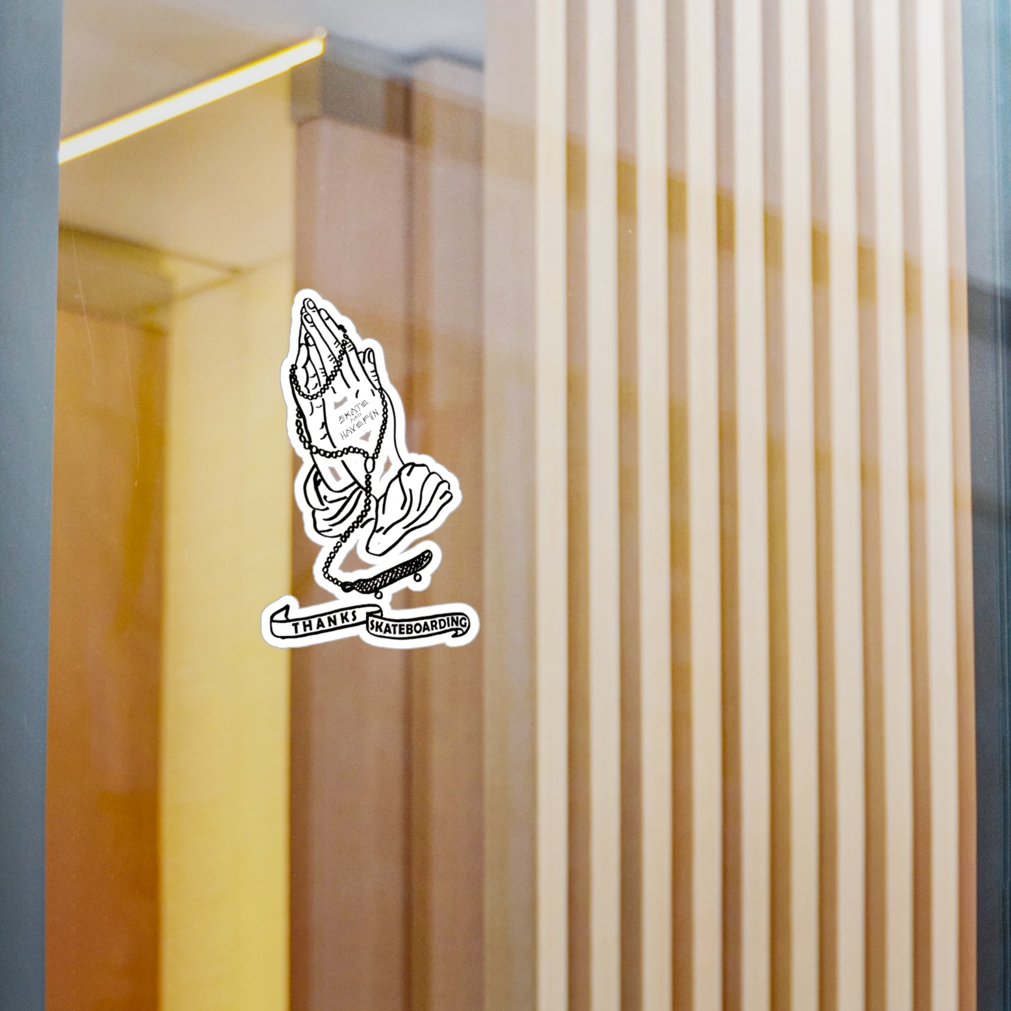 Praying Hands Skateboard Sticker — "Thanks Skateboarding" Kiss-Cut Vinyl Decal