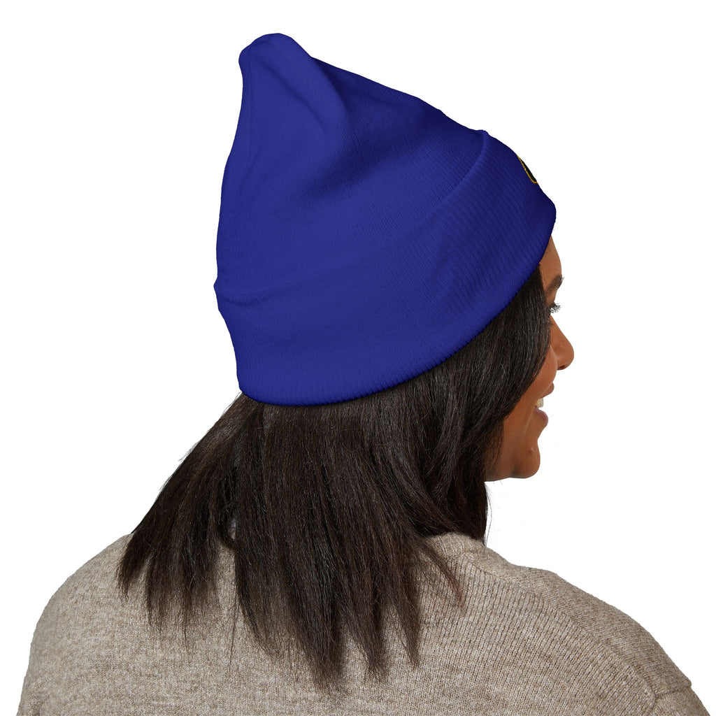 Embroidered Gold Badge Cuffed Beanie — Classic Winter Knit Hat