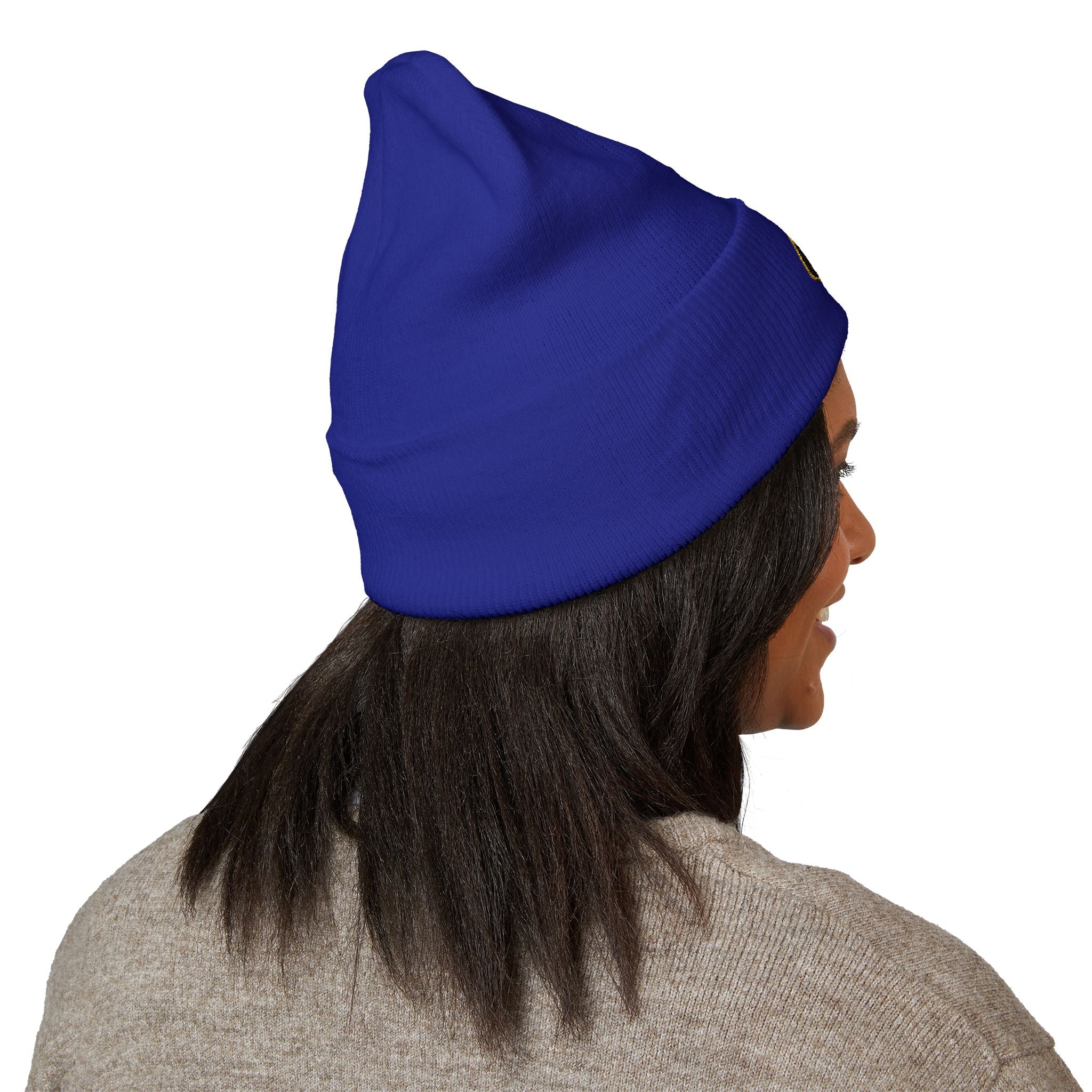 Embroidered Gold Badge Cuffed Beanie — Classic Winter Knit Hat