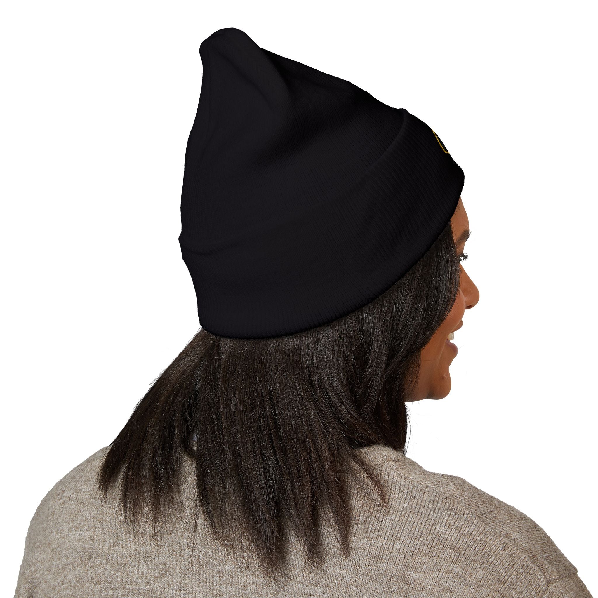 Embroidered Gold Badge Cuffed Beanie — Classic Winter Knit Hat