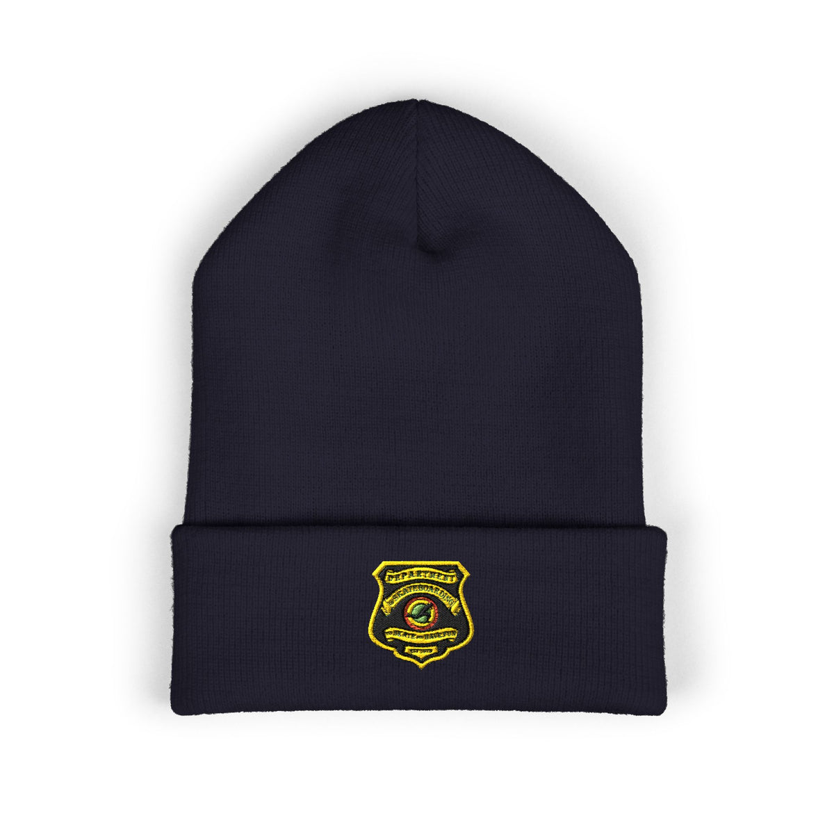 Embroidered Gold Badge Cuffed Beanie — Classic Winter Knit Hat