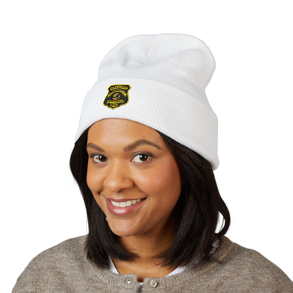 Embroidered Gold Badge Cuffed Beanie — Classic Winter Knit Hat