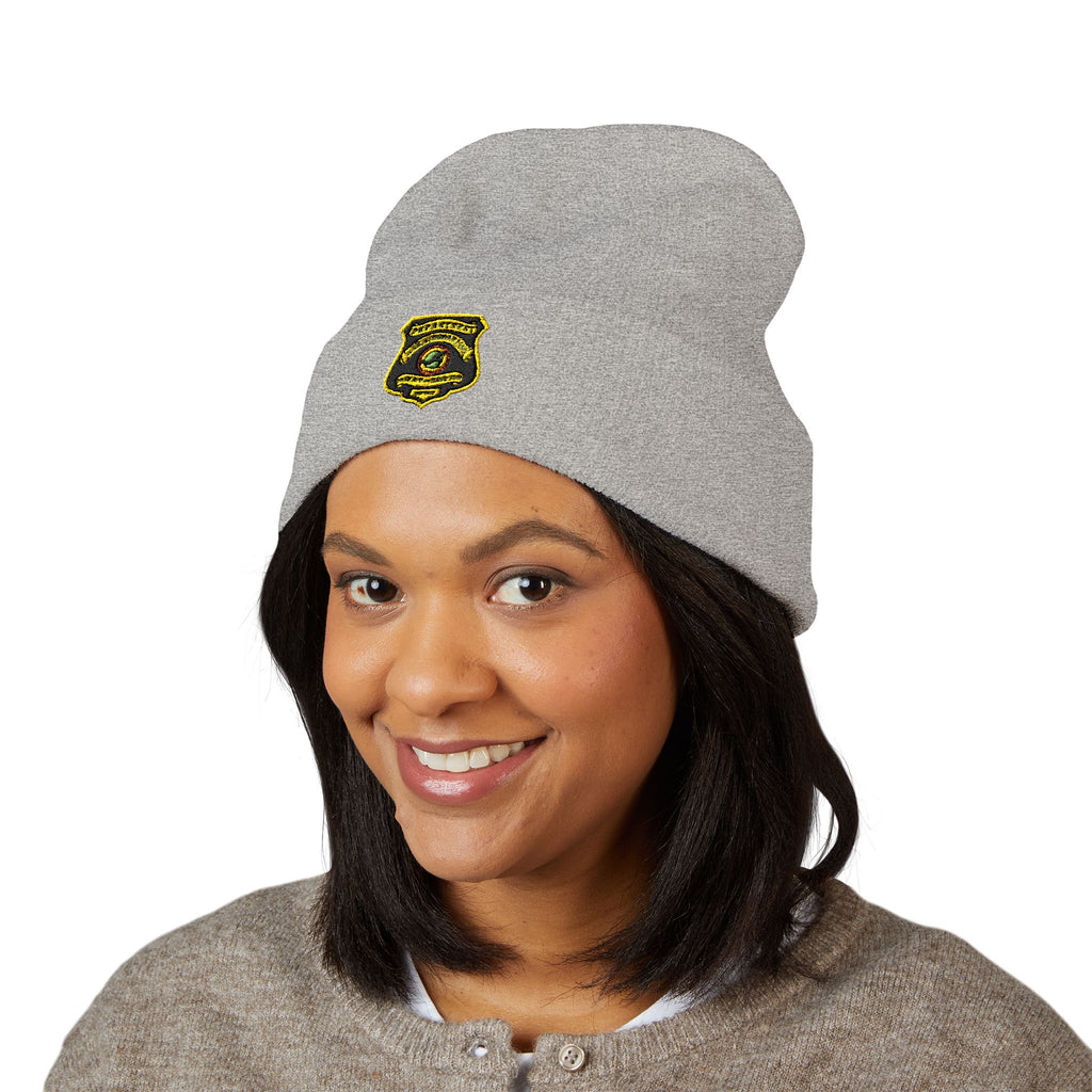 Embroidered Gold Badge Cuffed Beanie — Classic Winter Knit Hat