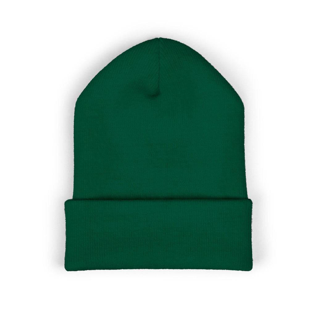 Embroidered Gold Badge Cuffed Beanie — Classic Winter Knit Hat