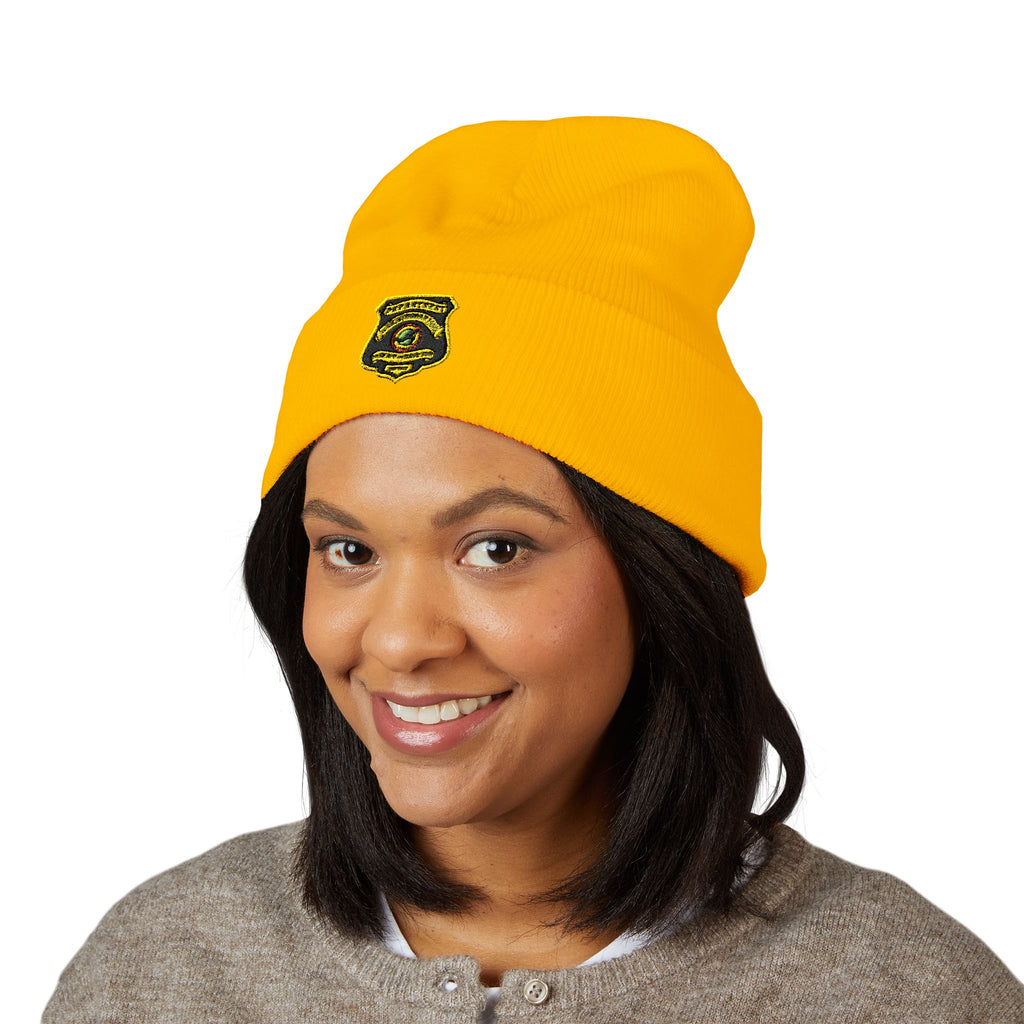 Embroidered Gold Badge Cuffed Beanie — Classic Winter Knit Hat