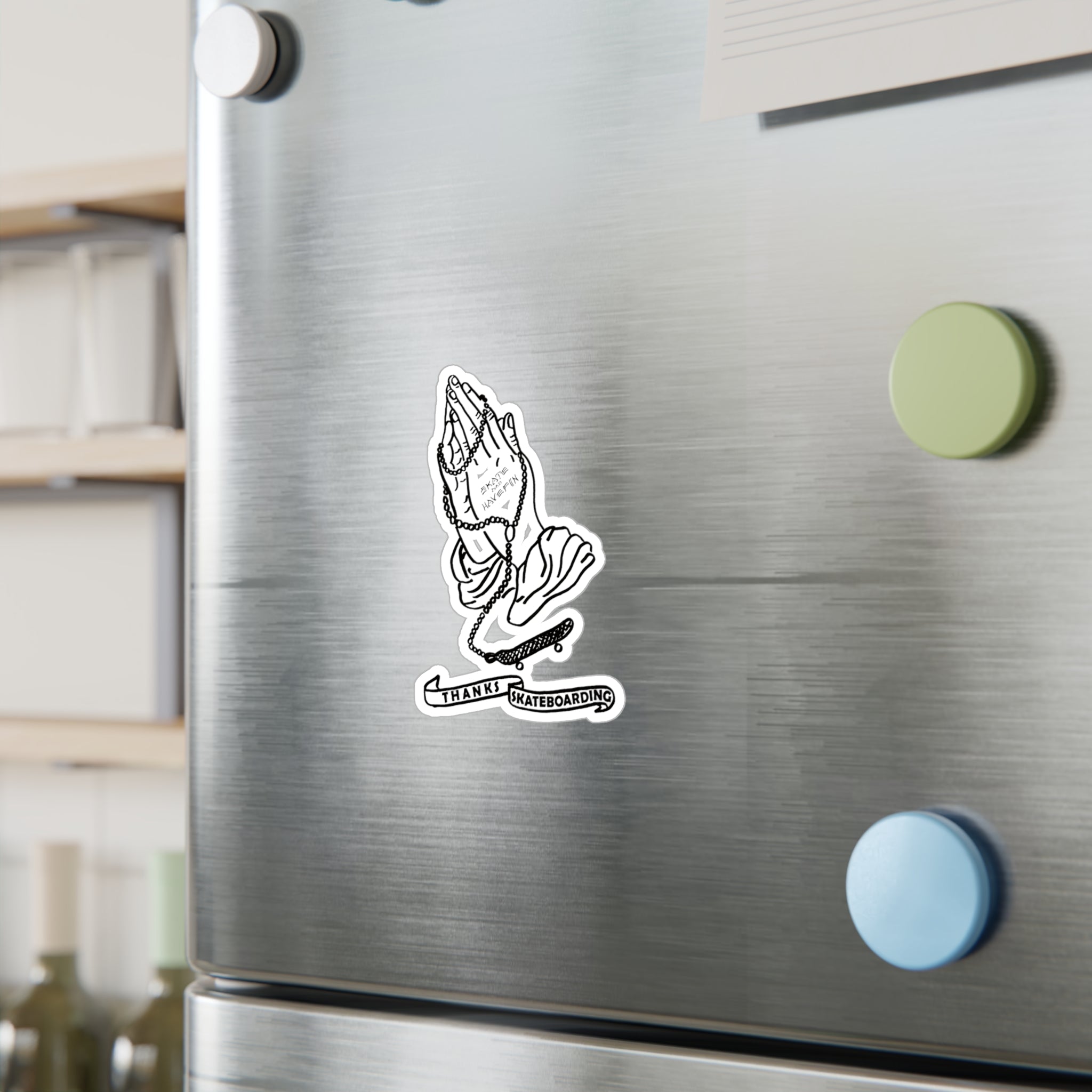 Praying Hands Skateboard Sticker — "Thanks Skateboarding" Kiss-Cut Vinyl Decal