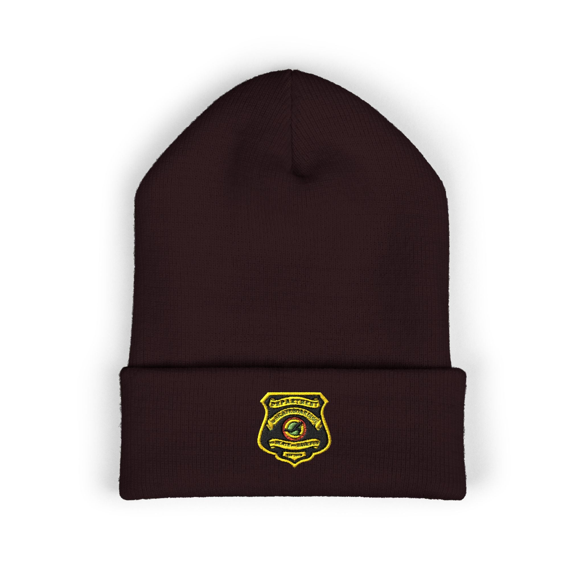 Embroidered Gold Badge Cuffed Beanie — Classic Winter Knit Hat