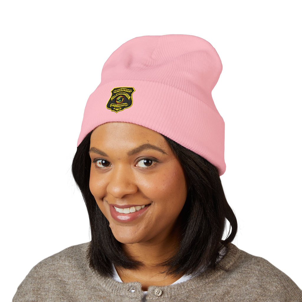 Embroidered Gold Badge Cuffed Beanie — Classic Winter Knit Hat