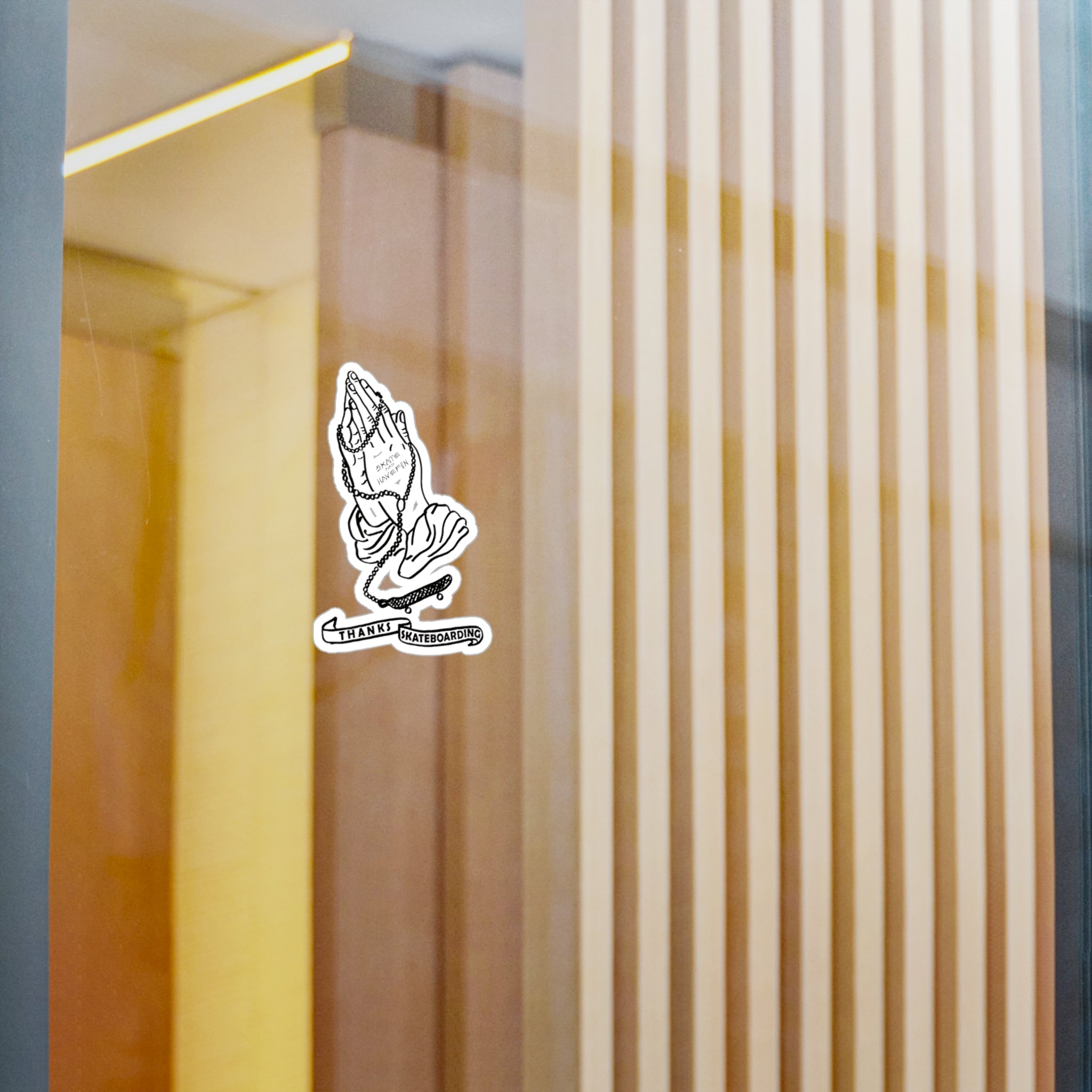 Praying Hands Skateboard Sticker — "Thanks Skateboarding" Kiss-Cut Vinyl Decal