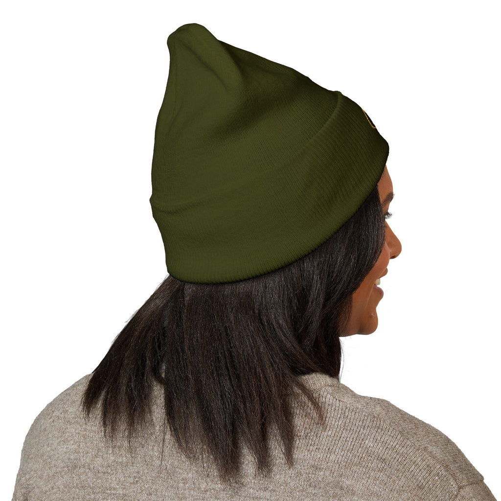 Embroidered Gold Badge Cuffed Beanie — Classic Winter Knit Hat