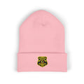 Embroidered Gold Badge Cuffed Beanie — Classic Winter Knit Hat