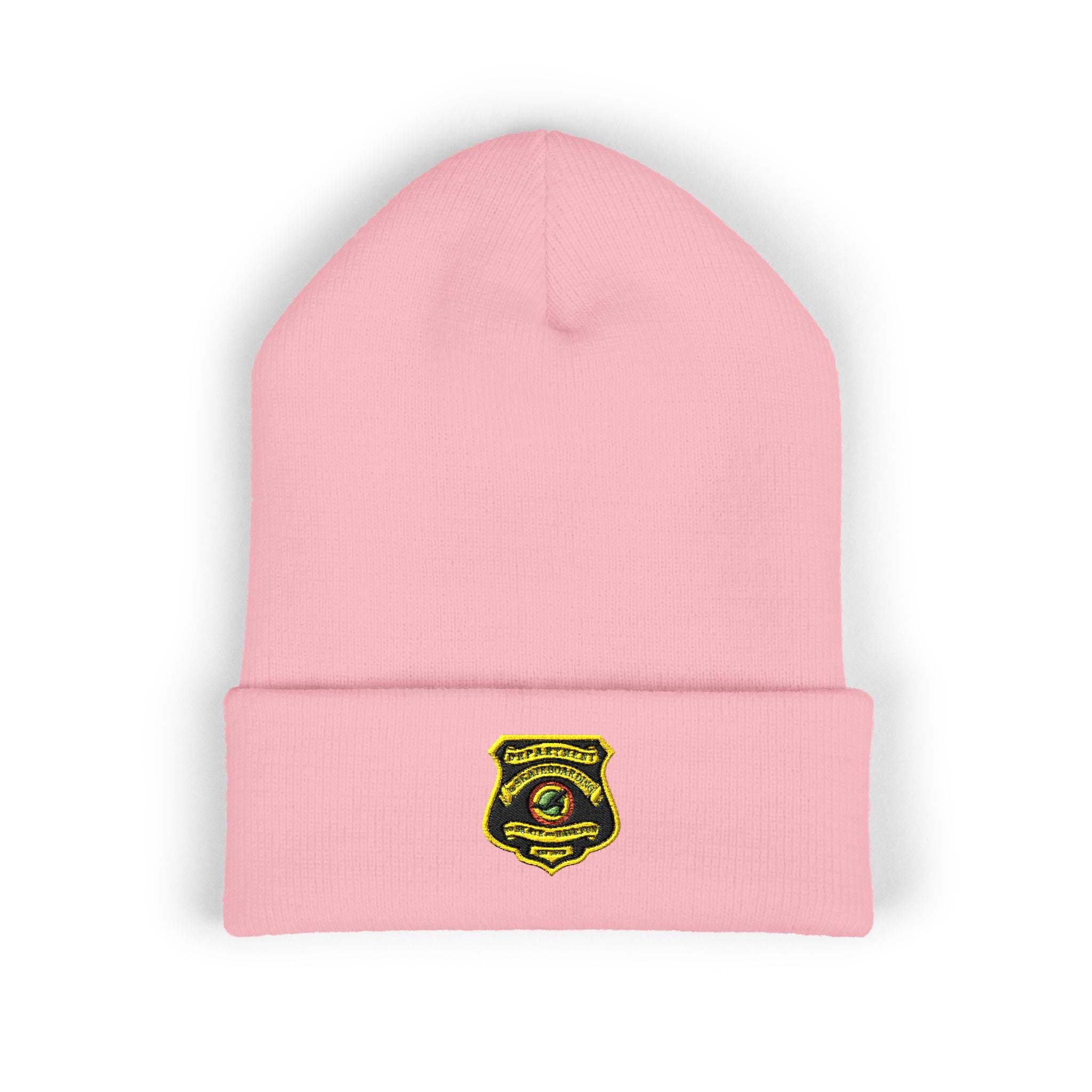 Embroidered Gold Badge Cuffed Beanie — Classic Winter Knit Hat