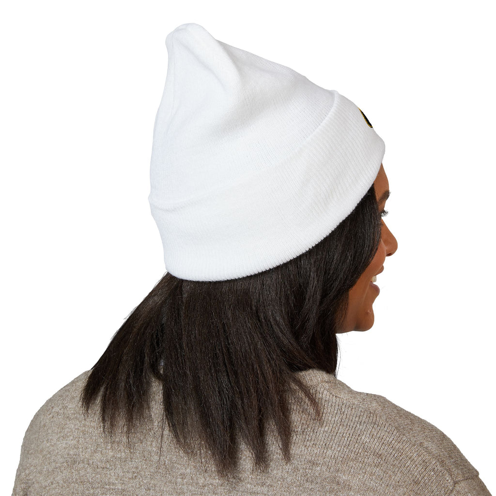 Embroidered Gold Badge Cuffed Beanie — Classic Winter Knit Hat