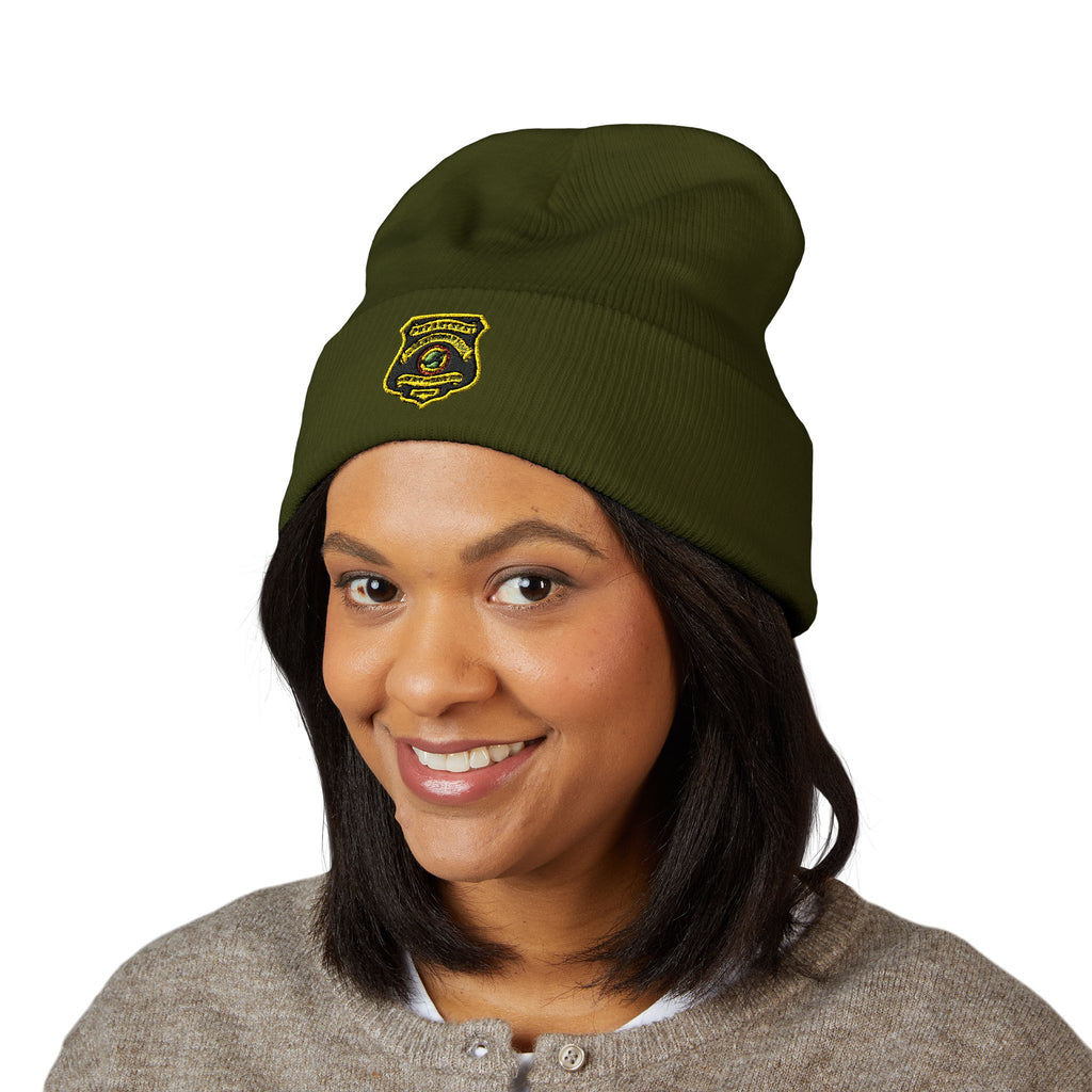 Embroidered Gold Badge Cuffed Beanie — Classic Winter Knit Hat
