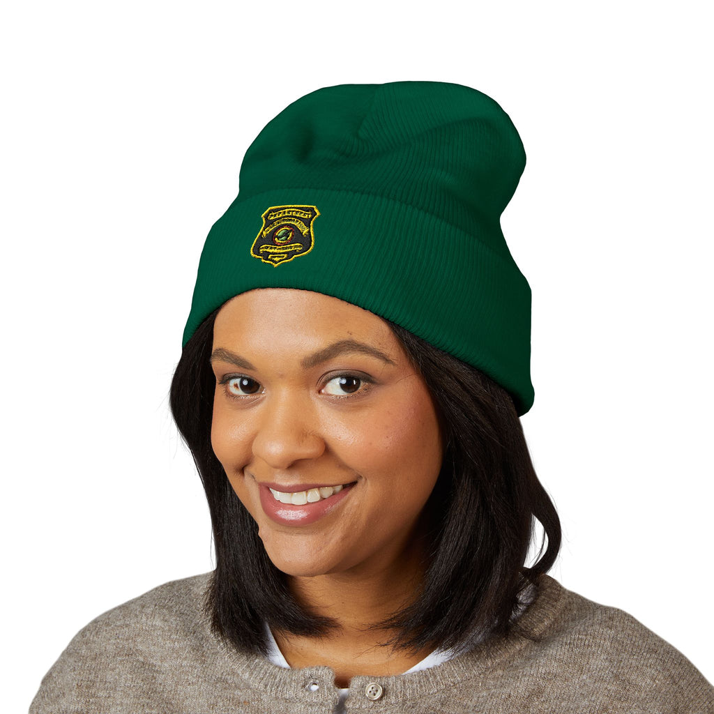 Embroidered Gold Badge Cuffed Beanie — Classic Winter Knit Hat