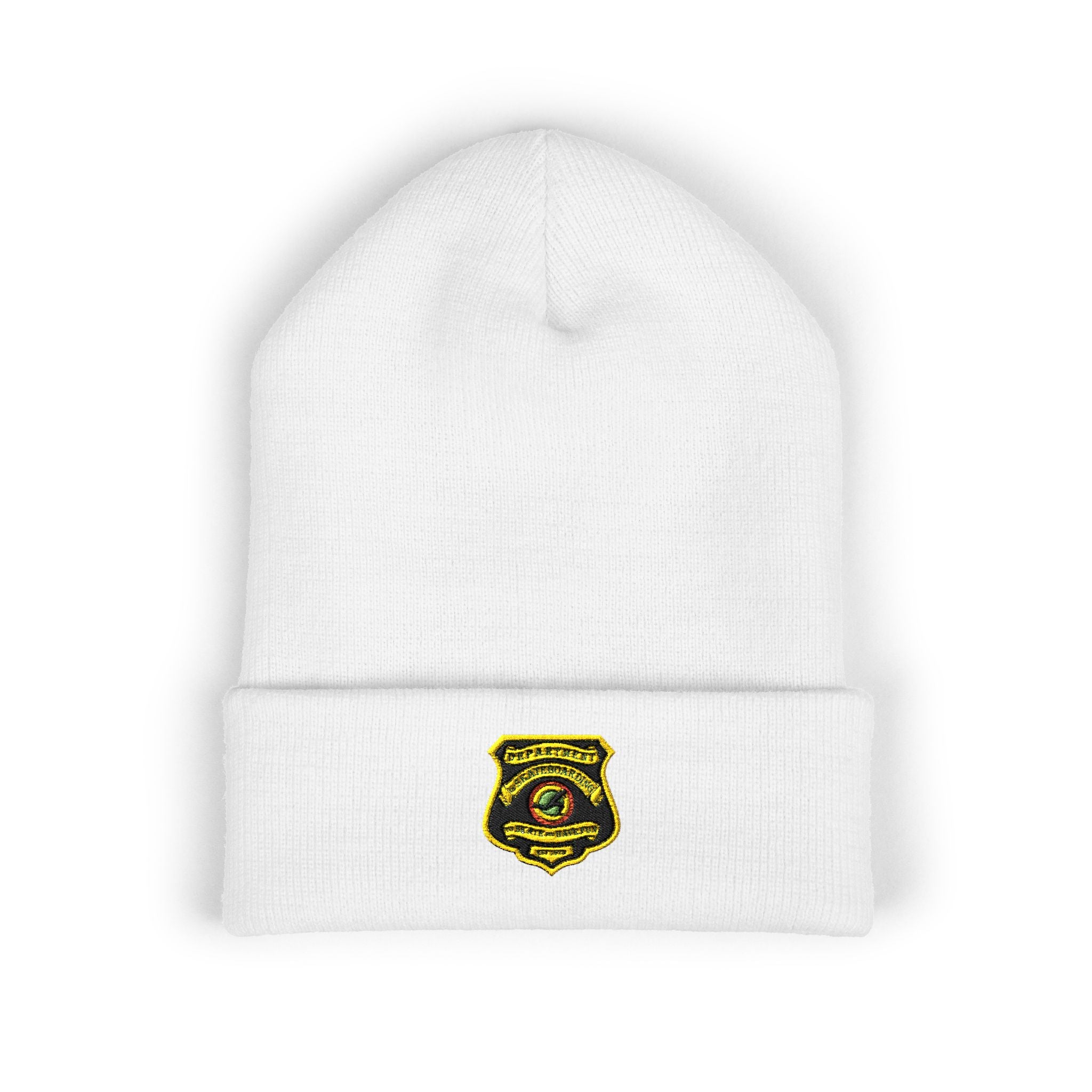 Embroidered Gold Badge Cuffed Beanie — Classic Winter Knit Hat