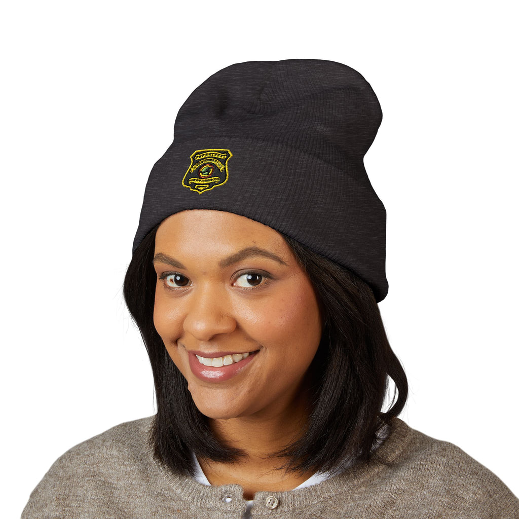 Embroidered Gold Badge Cuffed Beanie — Classic Winter Knit Hat