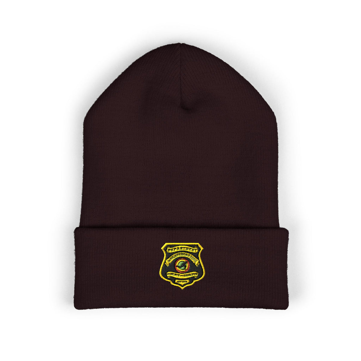 Embroidered Gold Badge Cuffed Beanie — Classic Winter Knit Hat