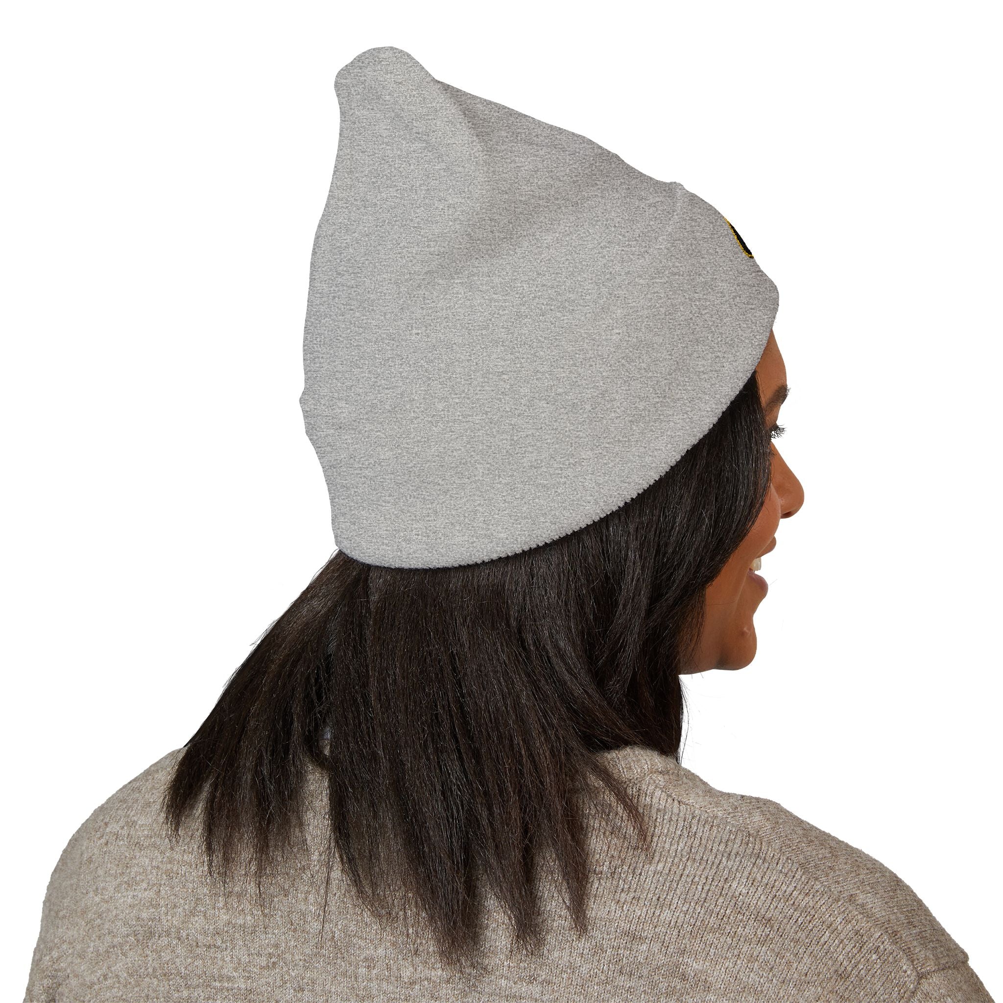 Embroidered Gold Badge Cuffed Beanie — Classic Winter Knit Hat