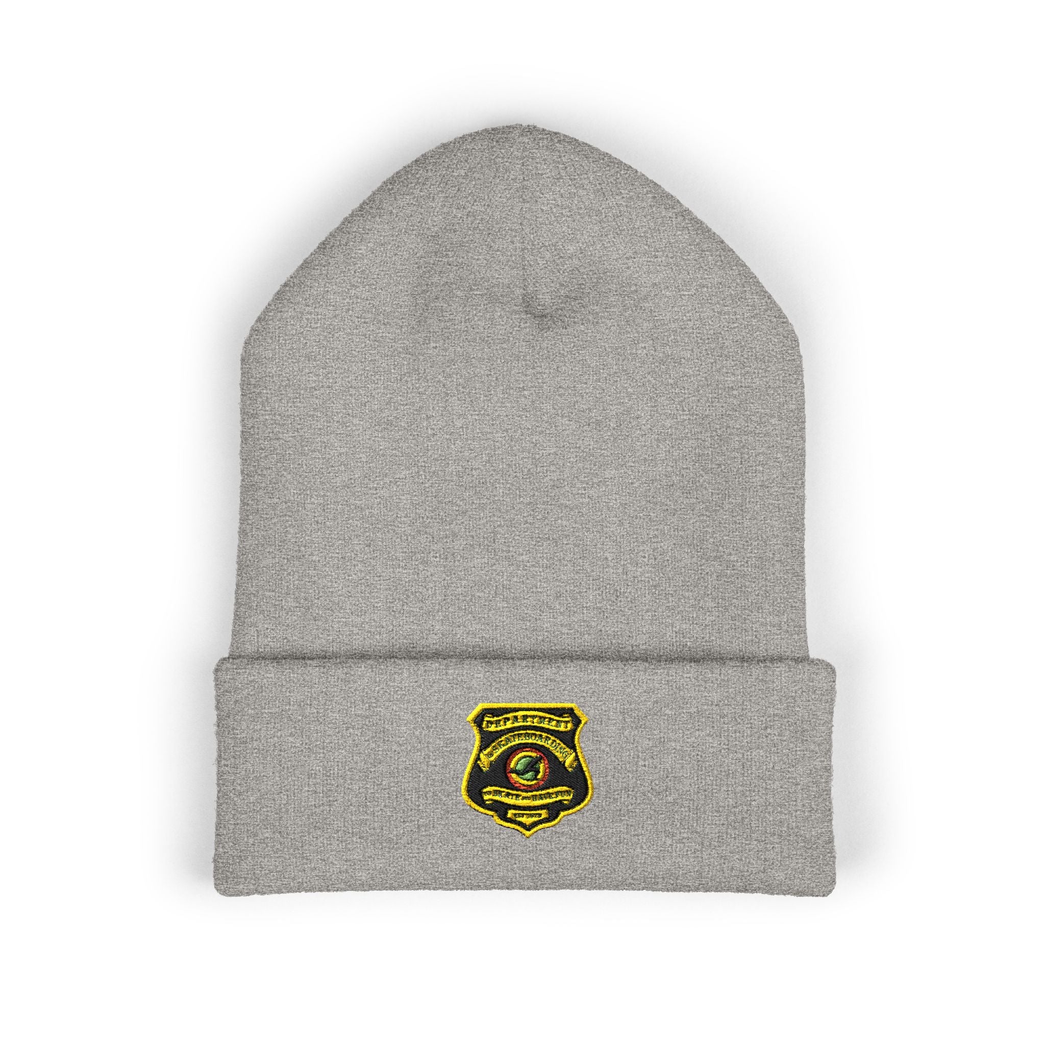Embroidered Gold Badge Cuffed Beanie — Classic Winter Knit Hat