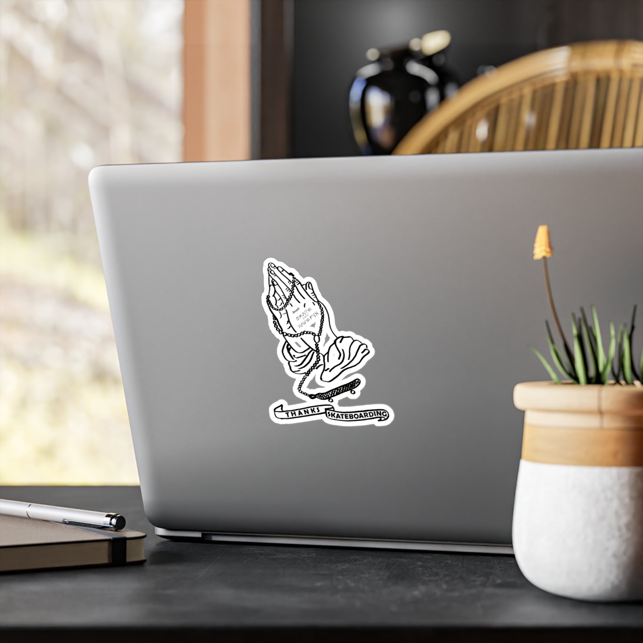 Praying Hands Skateboard Sticker — "Thanks Skateboarding" Kiss-Cut Vinyl Decal