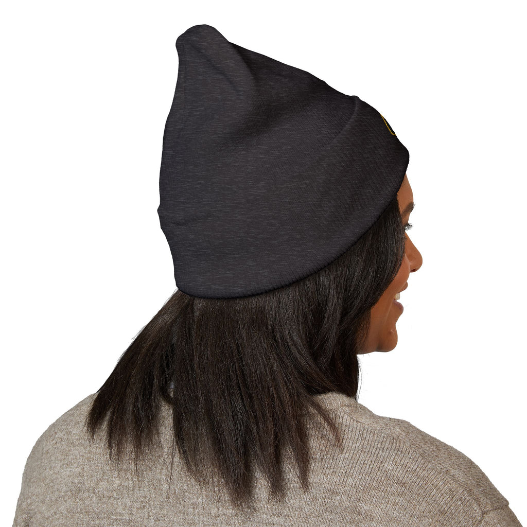 Embroidered Gold Badge Cuffed Beanie — Classic Winter Knit Hat