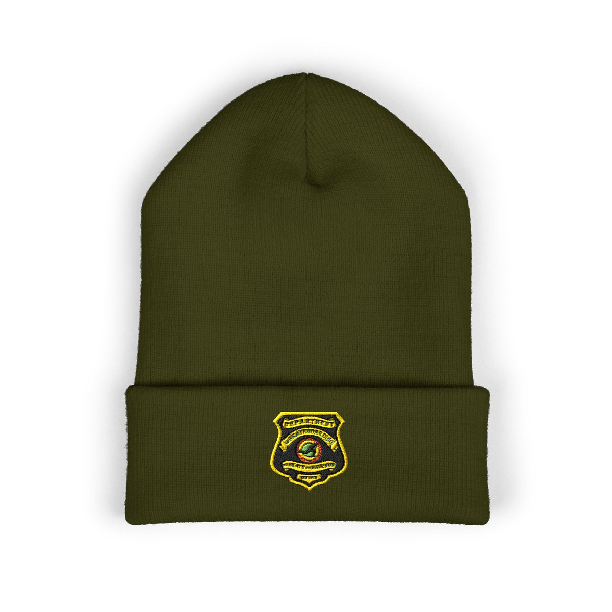 Embroidered Gold Badge Cuffed Beanie — Classic Winter Knit Hat