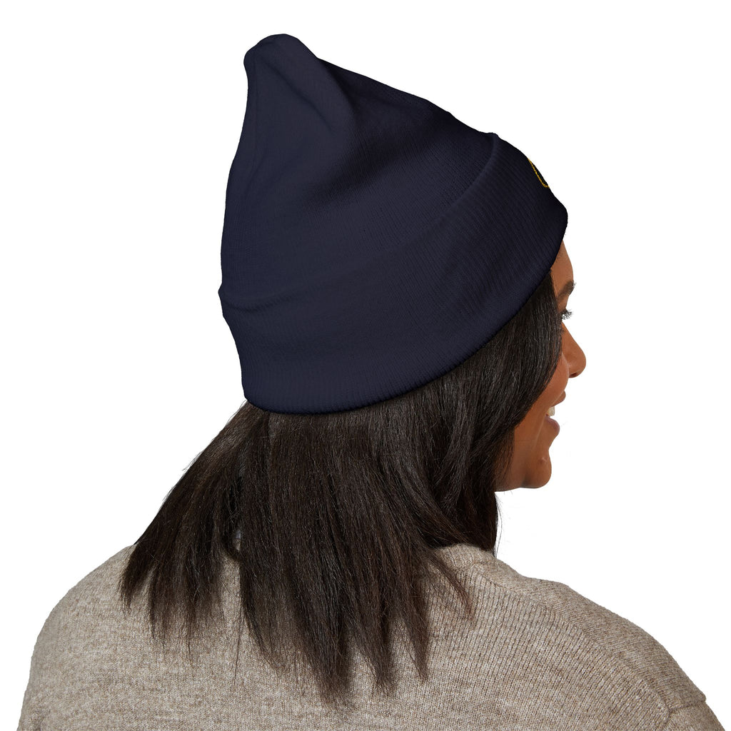 Embroidered Gold Badge Cuffed Beanie — Classic Winter Knit Hat