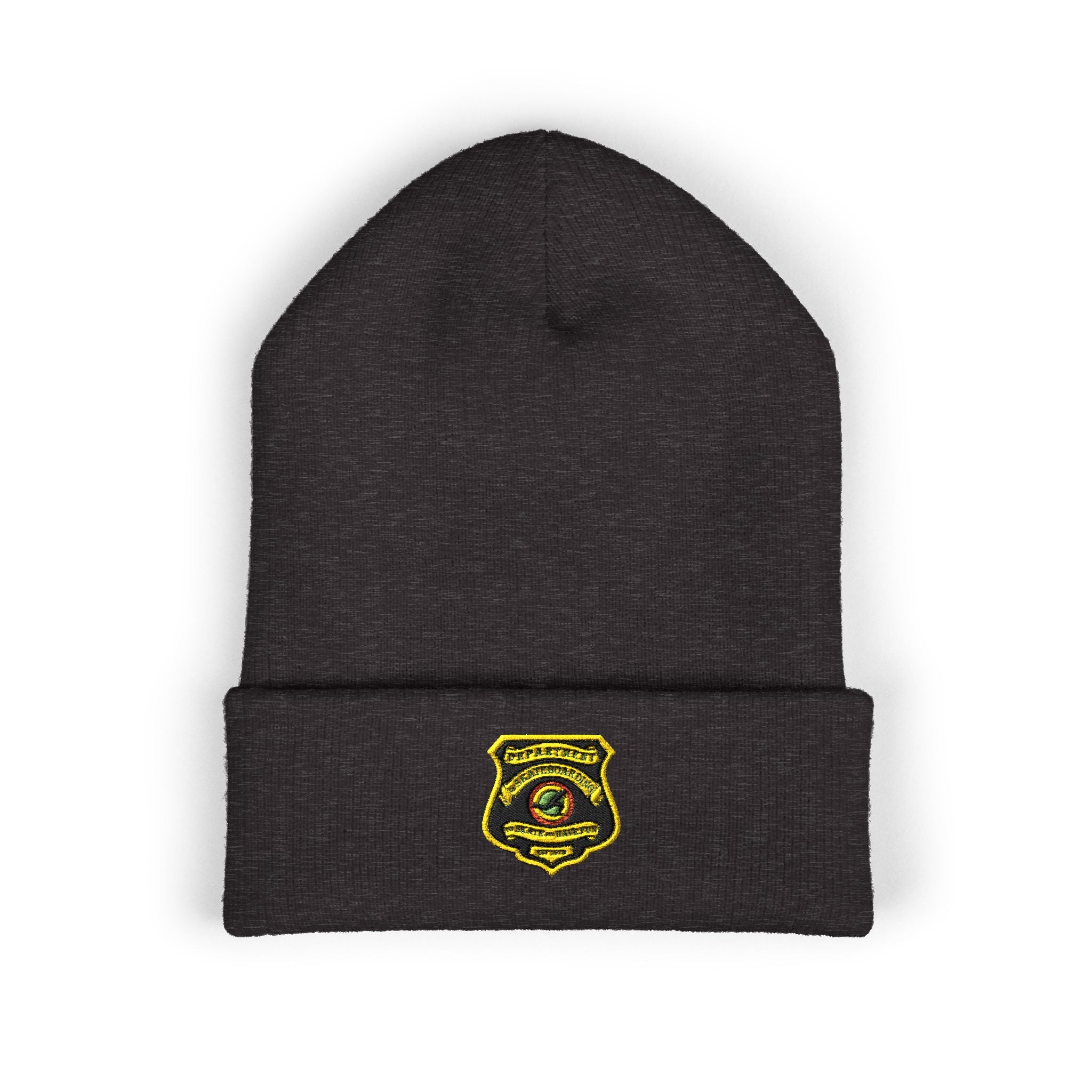 Embroidered Gold Badge Cuffed Beanie — Classic Winter Knit Hat