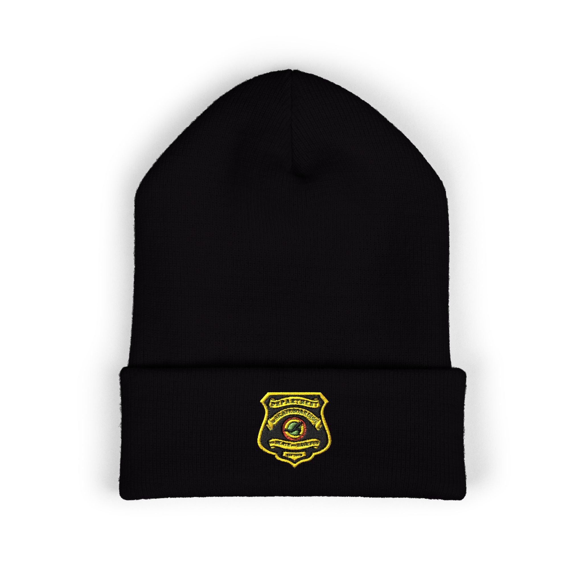 Embroidered Gold Badge Cuffed Beanie — Classic Winter Knit Hat