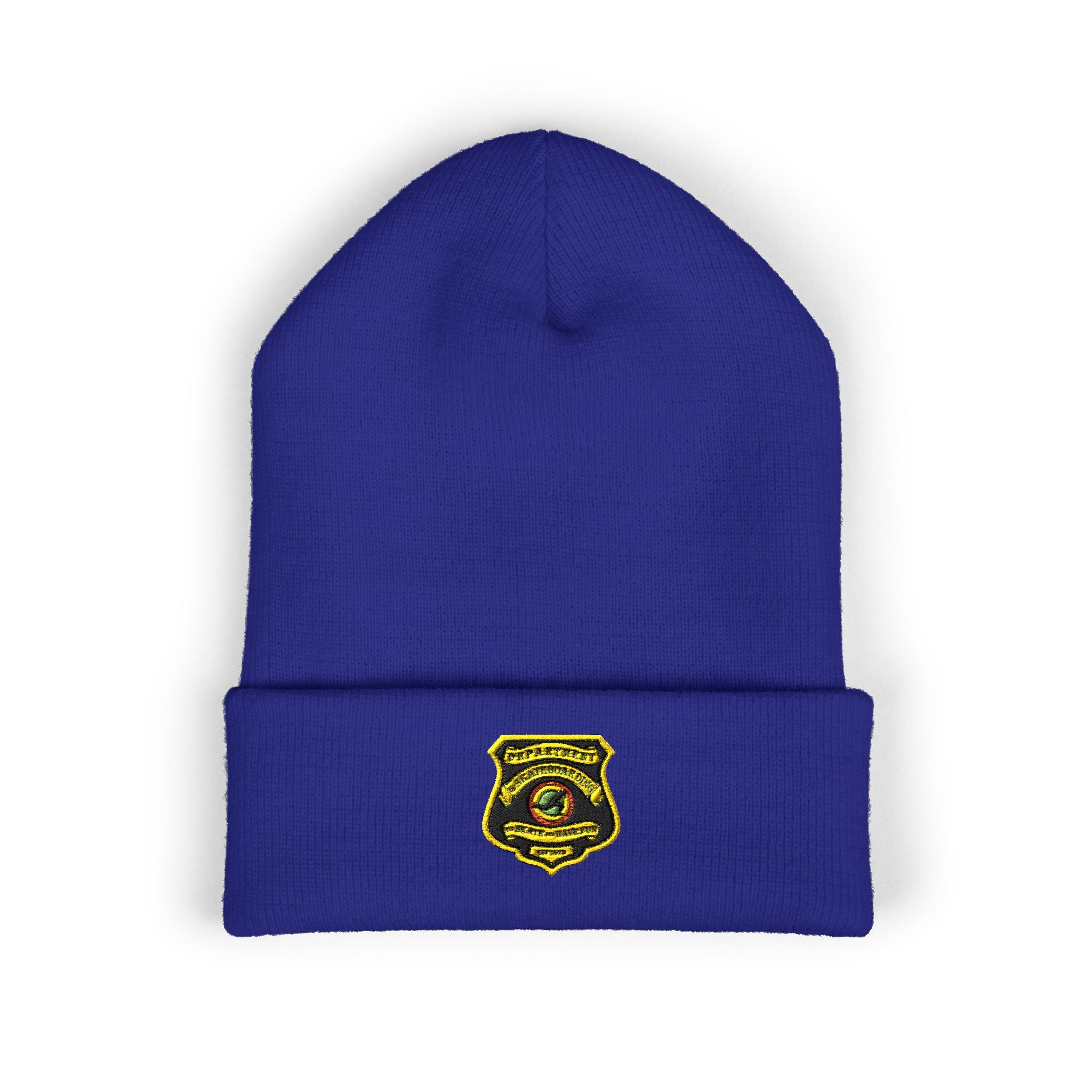 Embroidered Gold Badge Cuffed Beanie — Classic Winter Knit Hat