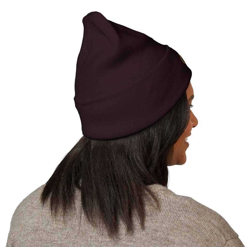 Embroidered Gold Badge Cuffed Beanie — Classic Winter Knit Hat