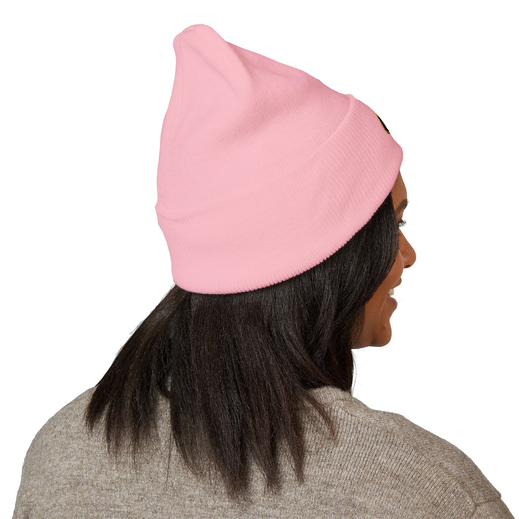 Embroidered Gold Badge Cuffed Beanie — Classic Winter Knit Hat