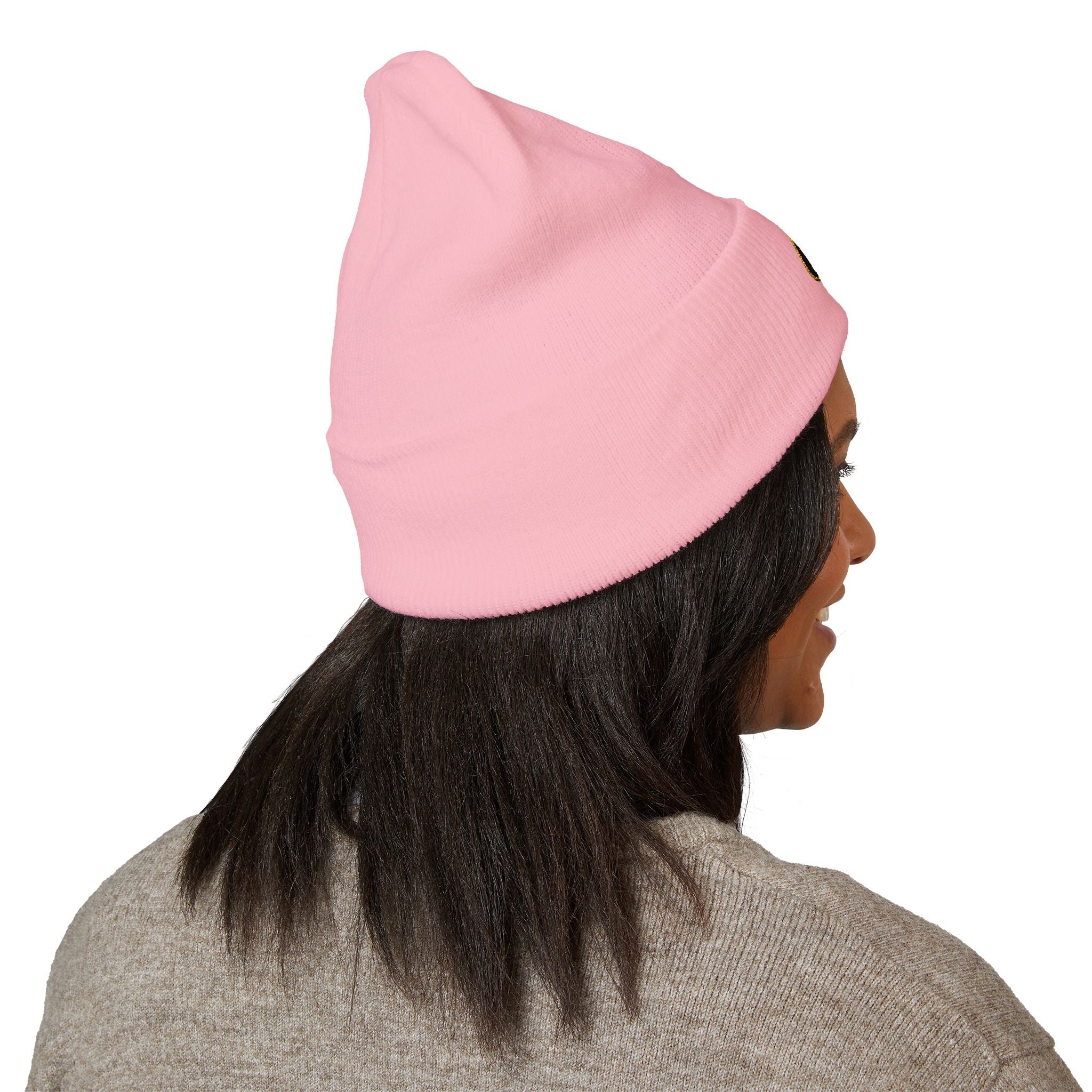 Embroidered Gold Badge Cuffed Beanie — Classic Winter Knit Hat