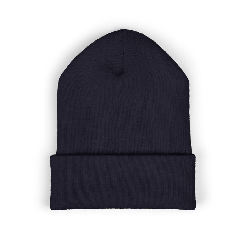 Embroidered Gold Badge Cuffed Beanie — Classic Winter Knit Hat