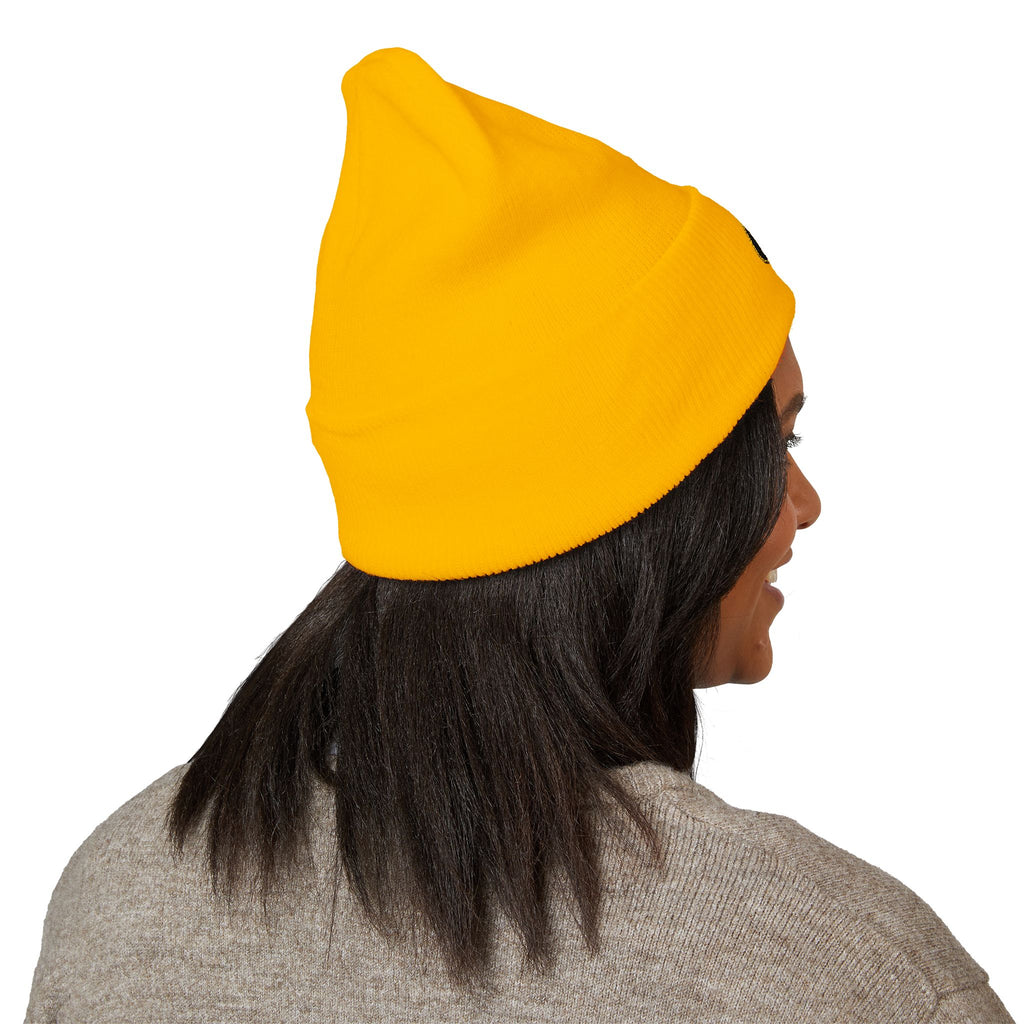 Embroidered Gold Badge Cuffed Beanie — Classic Winter Knit Hat