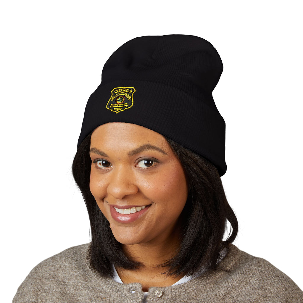 Embroidered Gold Badge Cuffed Beanie — Classic Winter Knit Hat