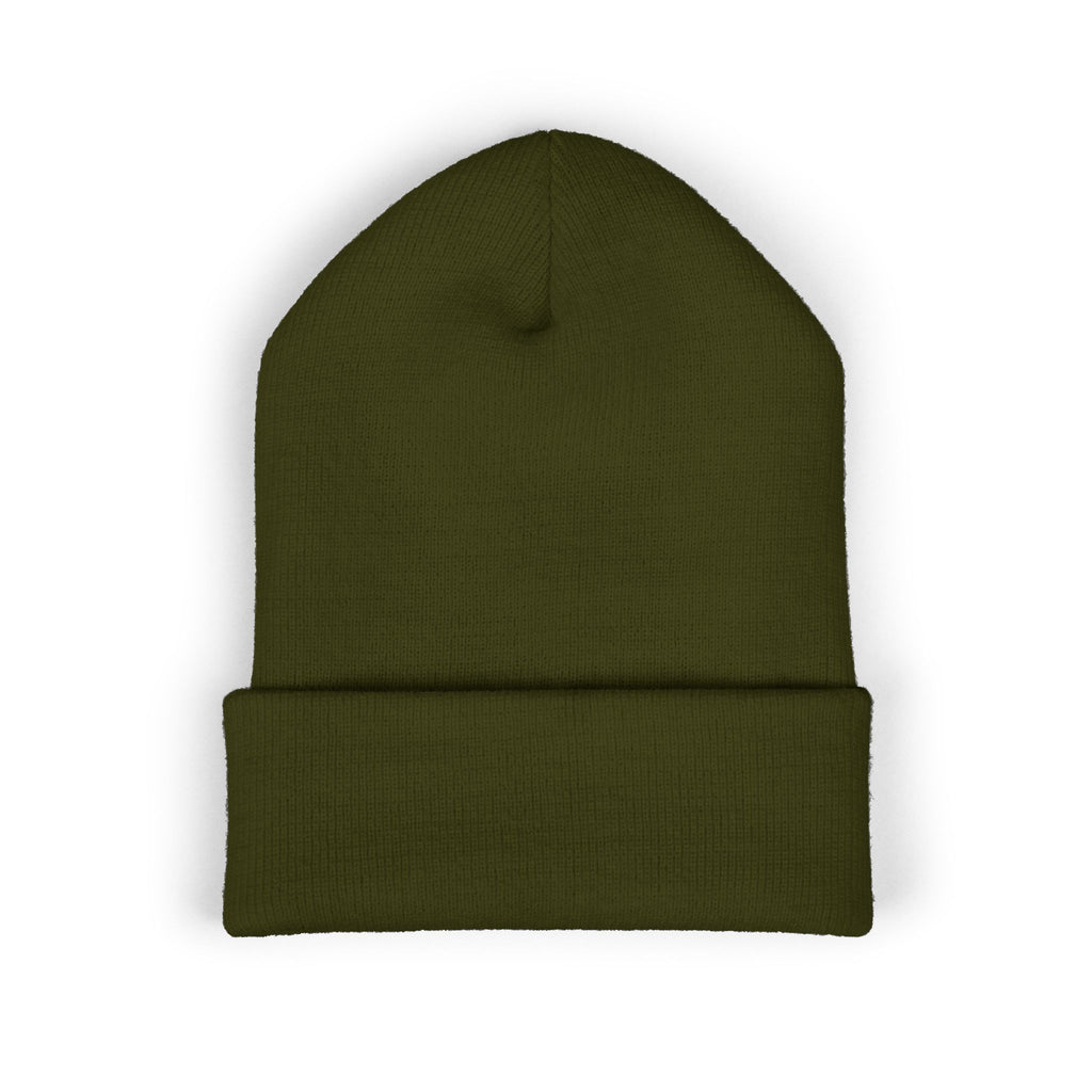 Embroidered Gold Badge Cuffed Beanie — Classic Winter Knit Hat