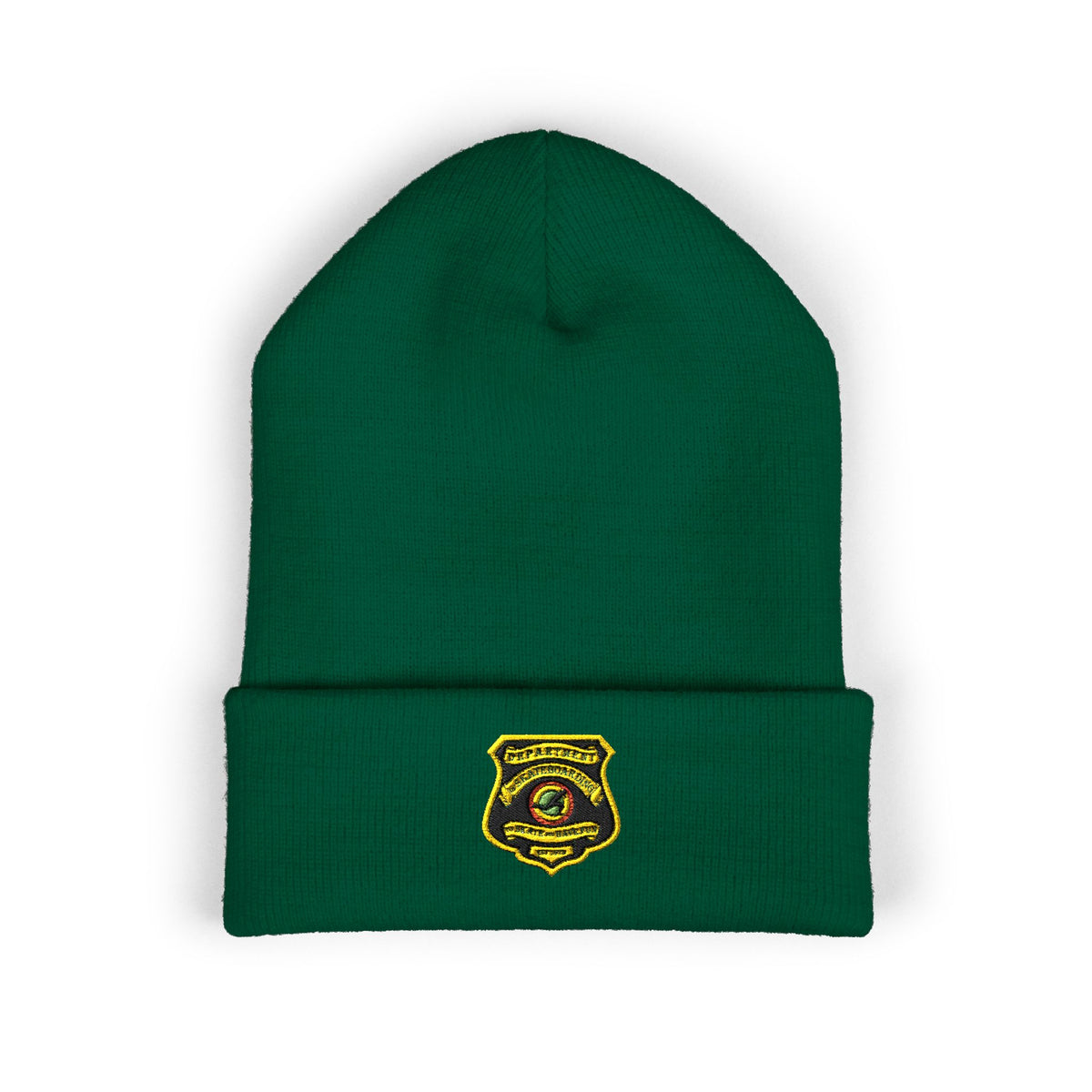 Embroidered Gold Badge Cuffed Beanie — Classic Winter Knit Hat