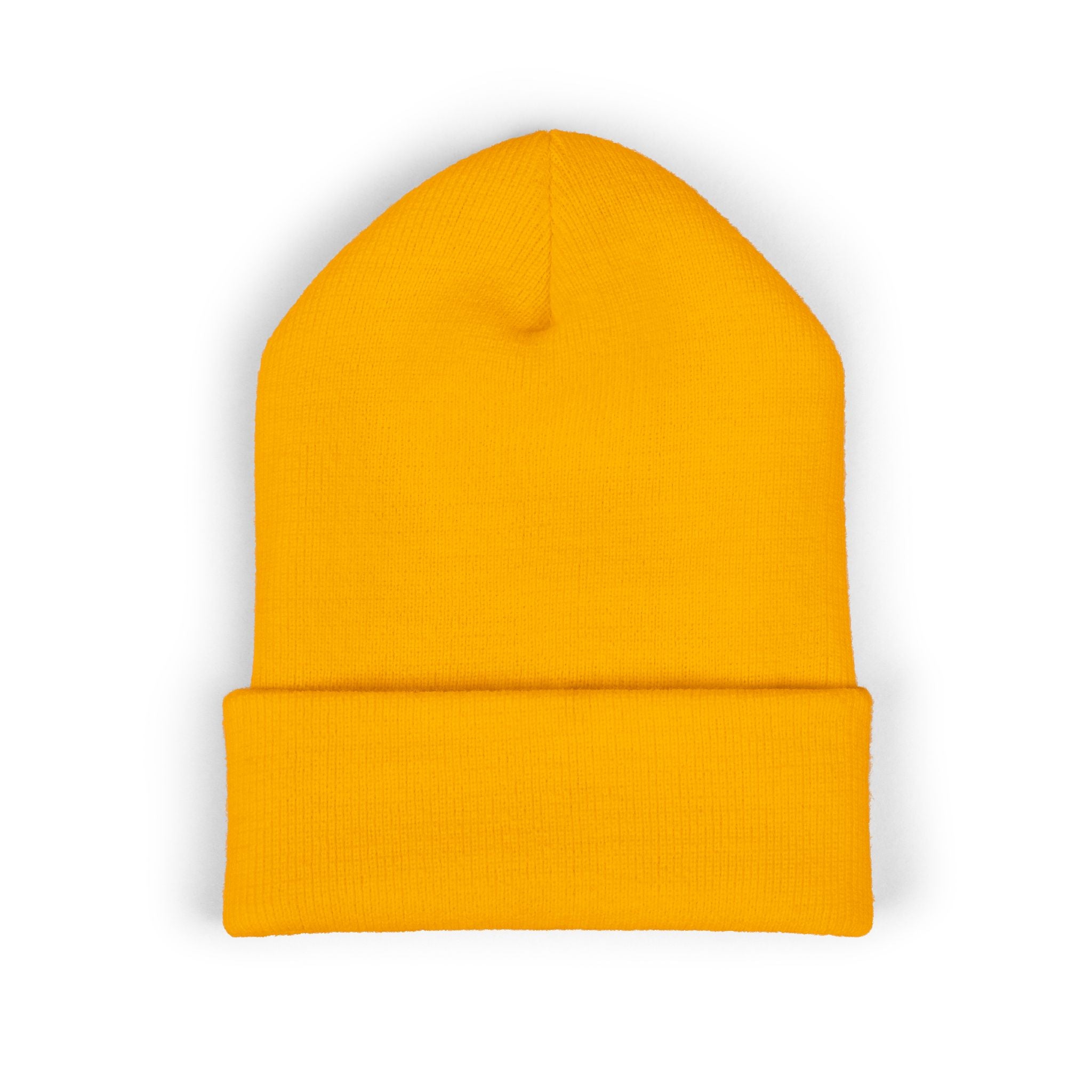 Embroidered Gold Badge Cuffed Beanie — Classic Winter Knit Hat
