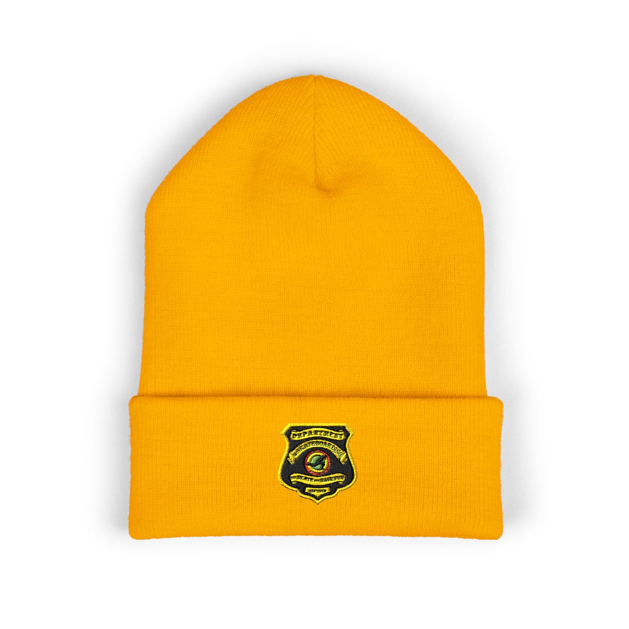 Embroidered Gold Badge Cuffed Beanie — Classic Winter Knit Hat