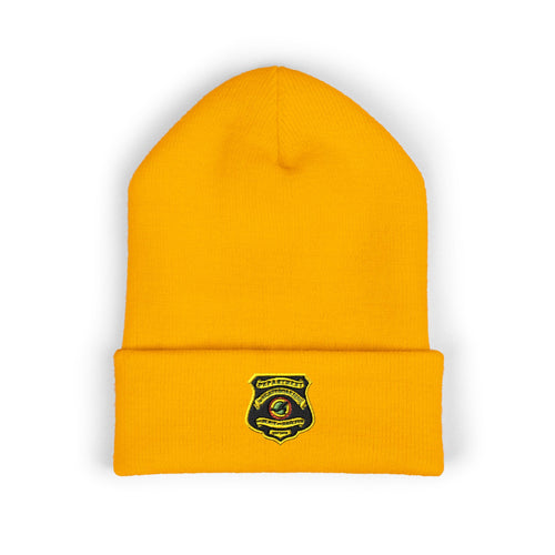 Embroidered Gold Badge Cuffed Beanie — Classic Winter Knit Hat