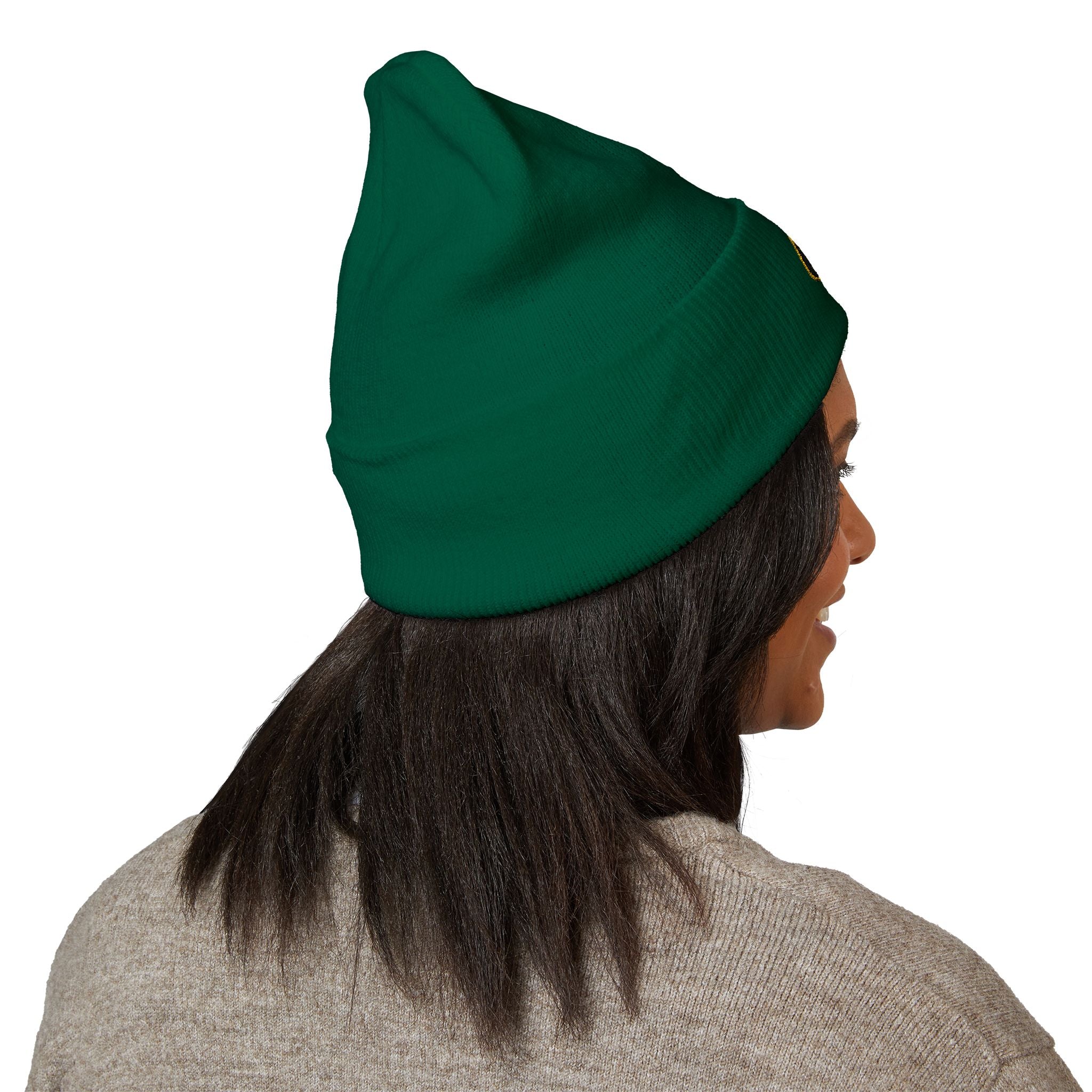 Embroidered Gold Badge Cuffed Beanie — Classic Winter Knit Hat