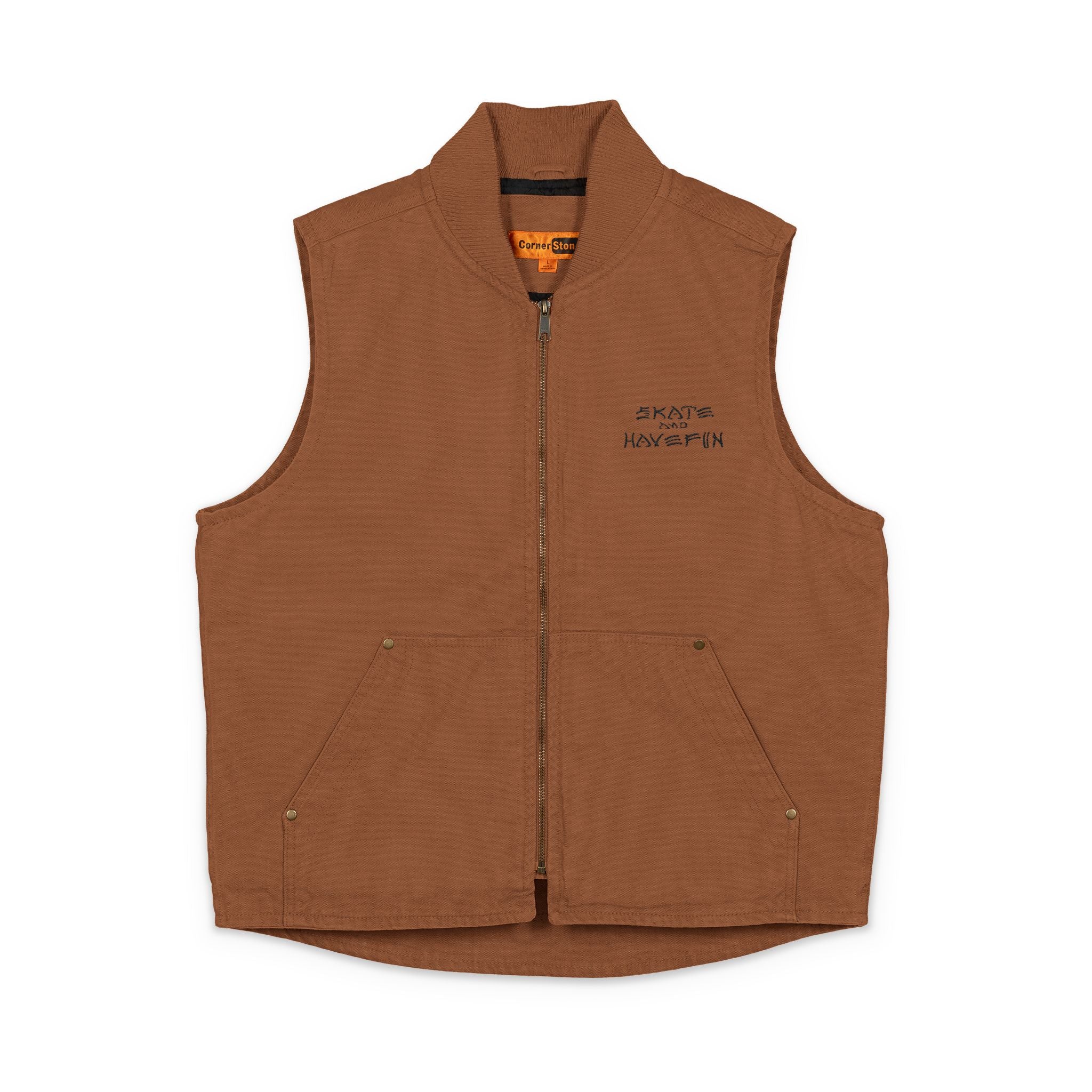 Washed Duck Cloth Work Vest – Embroidered Brown Utility Vest