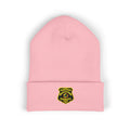 Embroidered Gold Badge Cuffed Beanie — Classic Winter Knit Hat