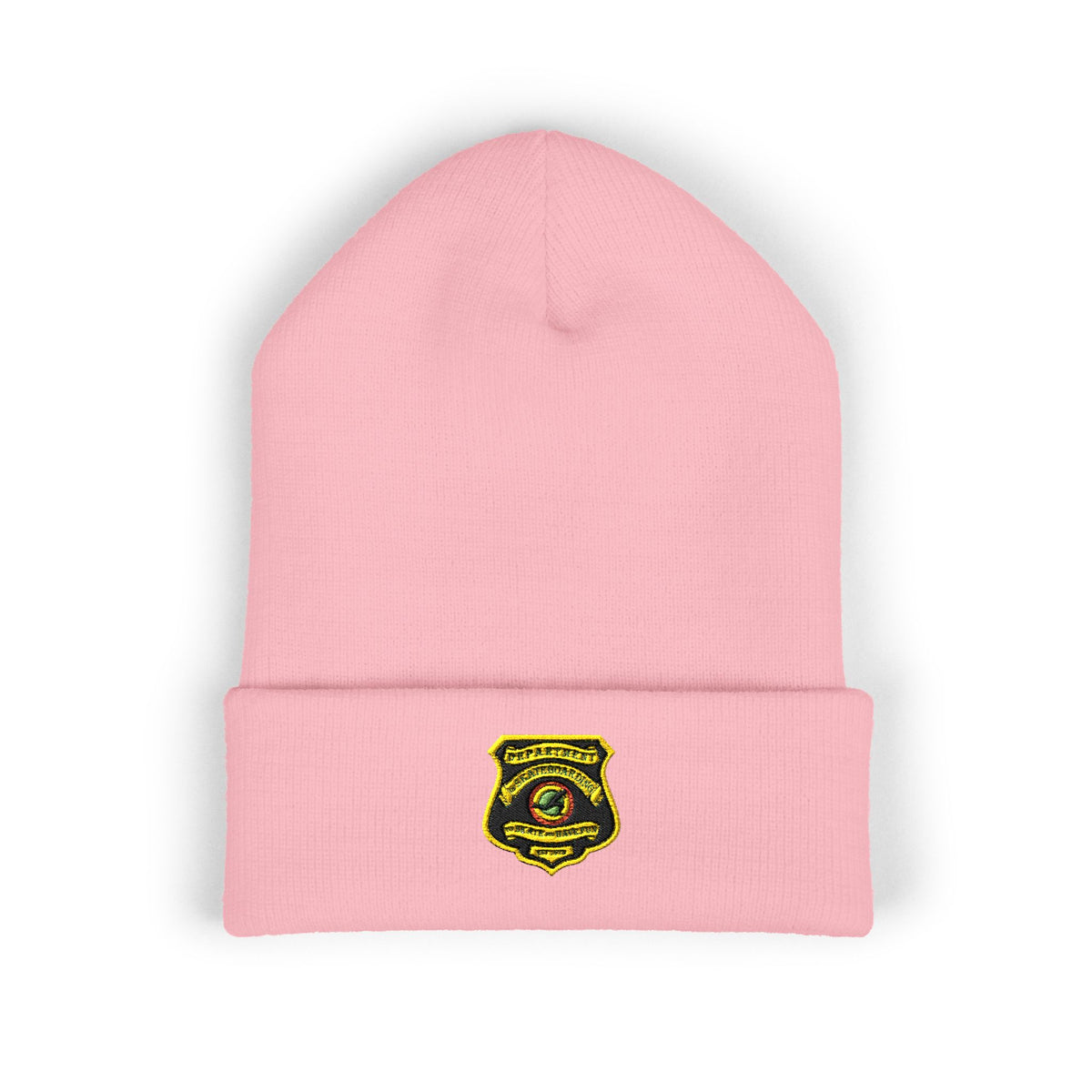 Embroidered Gold Badge Cuffed Beanie — Classic Winter Knit Hat