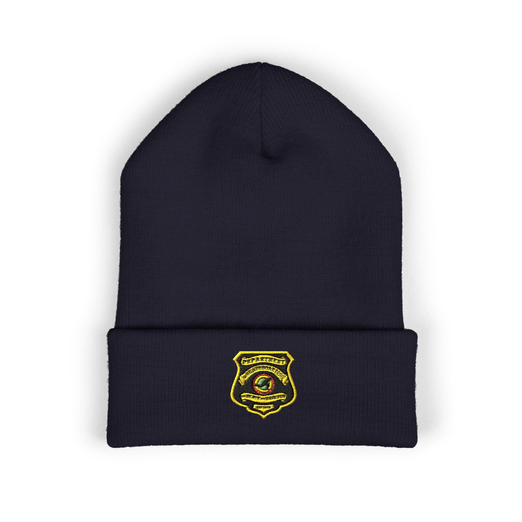 Embroidered Gold Badge Cuffed Beanie — Classic Winter Knit Hat