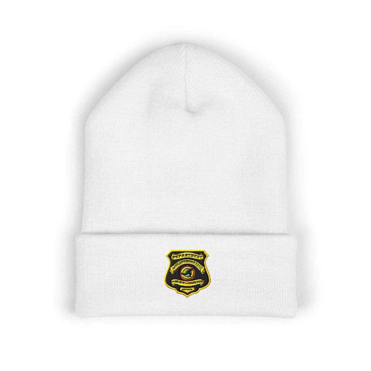 Embroidered Gold Badge Cuffed Beanie — Classic Winter Knit Hat